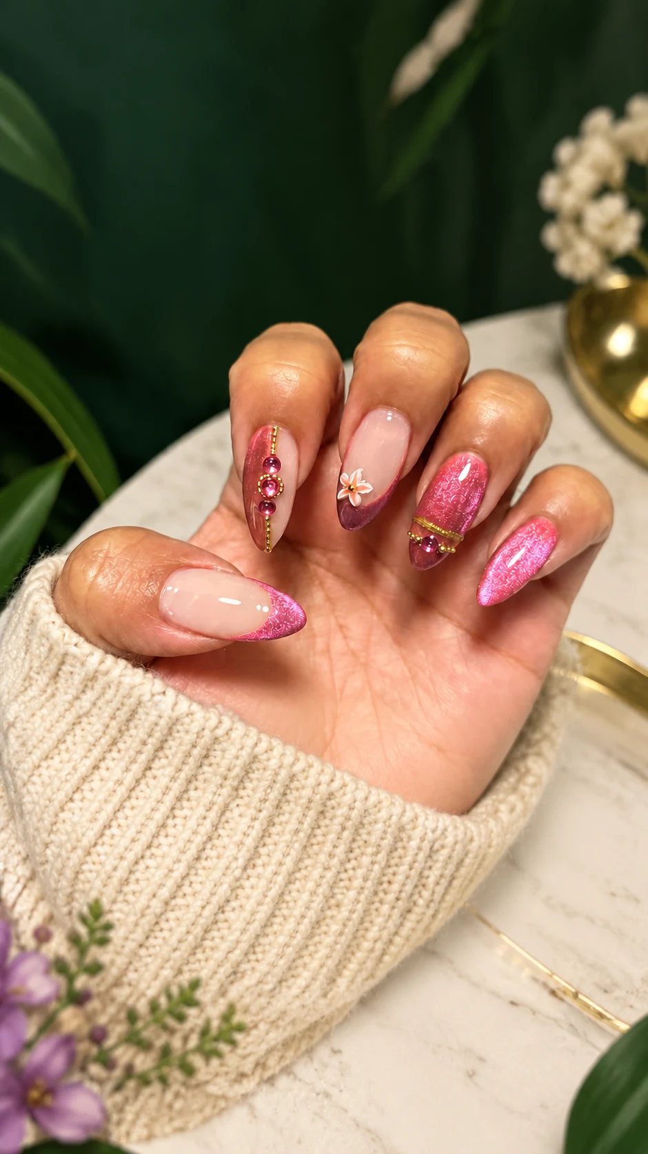 The approved pink and gold manicure editorial, surrounded by forest green botanicals and ivory textures