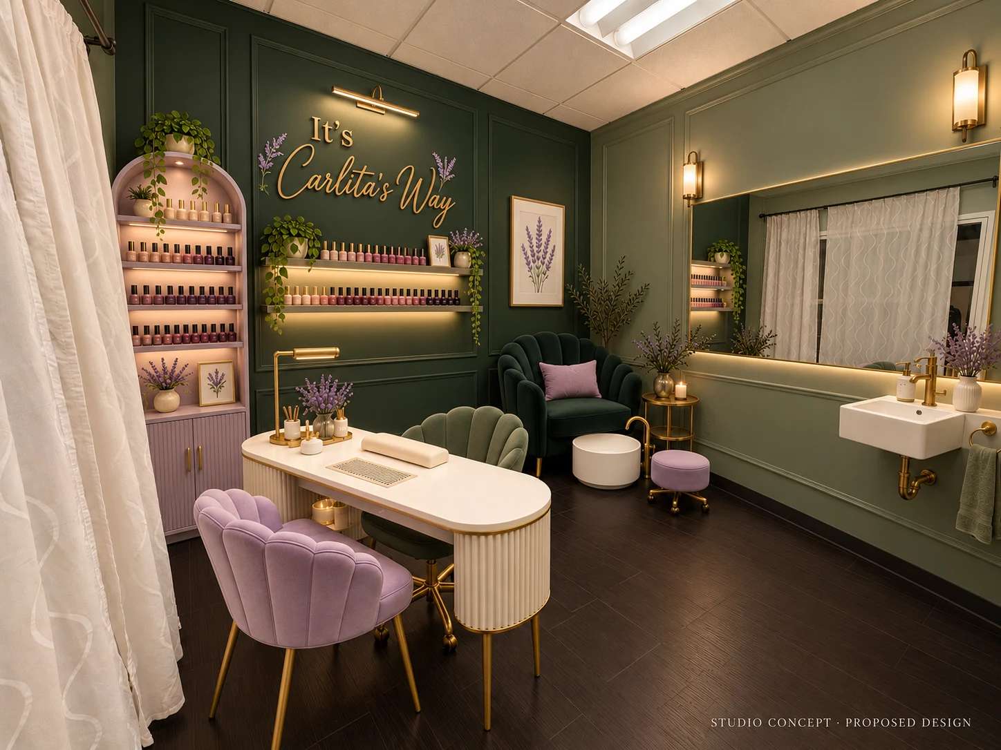 Proposed studio design with forest green paneled walls, warm brass sconces, lavender seating, an ivory manicure table and a wall-mounted sink